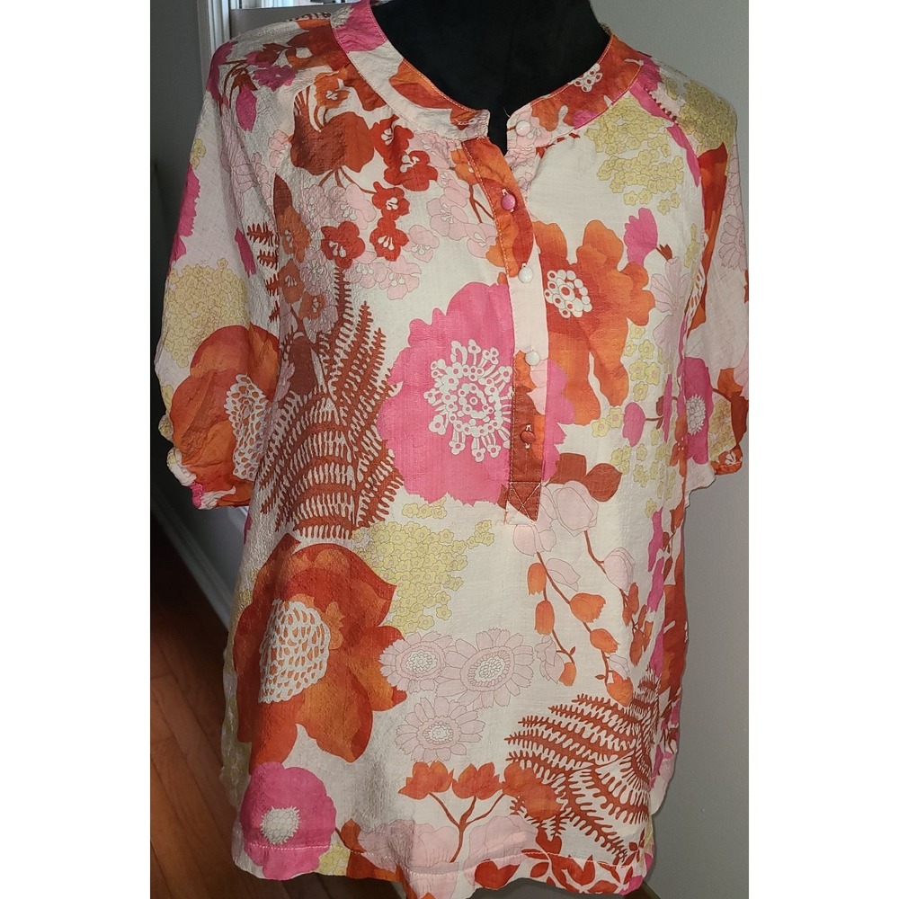 Umgee Pink Kissed Floral Print Button Top M Pink Orange Puff Sleeve Garden Girl